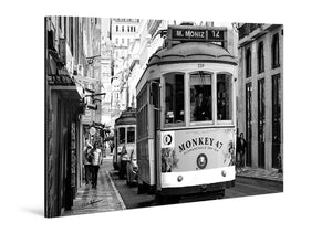 Black and white acrylic photo print featuring a tram on a busy city street