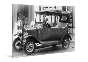 Acrylic photo print of a vintage car parked on cobblestone street, black and white wall art
