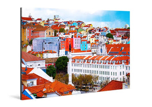 Acrylic photo print of colorful cityscape with red rooftops and historic architecture.