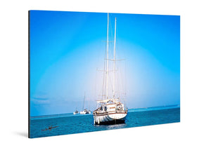 Acrylic photo print of sailboats on calm blue sea under clear sky, wall art decor