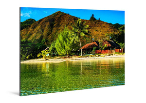 Glossy aluminum photo print with tropical beach, palm trees, and mountain view