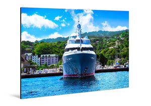 Glossy aluminum photo print of a luxury yacht docked at a marina with blue sky and lush hills