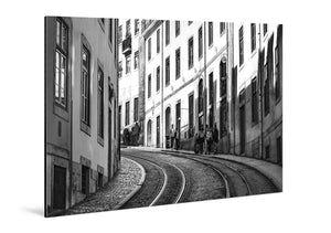 Black and white urban street scene on aluminum Dibond photo print, curved tram tracks, European architecture.