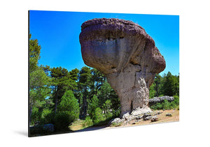 Glossy aluminum photo print featuring a mushroom-shaped rock formation in a forest landscape