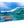 Glossy aluminum photo print of a tropical boat on blue water with lush green mountains