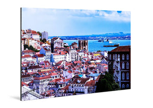 Glossy aluminum photo print of a colorful cityscape with historical buildings and ocean view