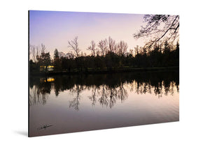 Glossy aluminum photo print of sunset trees reflected on calm lake, modern wall art