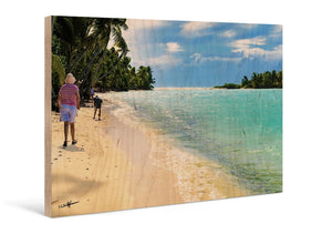 Direct print of tropical beach scene with walking people on wood panel wall art