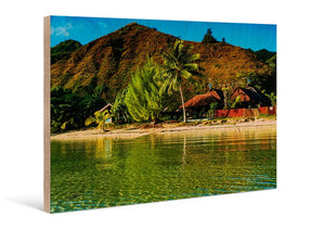 Colorful tropical beach scene printed on wood panel, with palm trees and waterfront huts