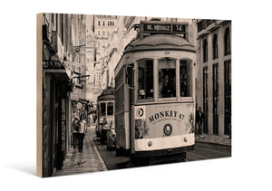 Black and white street scene with vintage tram in city, direct print on wood art