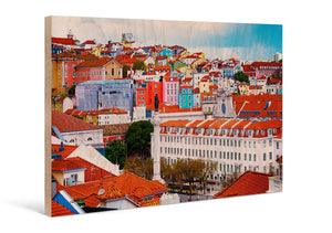 Direct print on wood featuring colorful Lisbon cityscape with red rooftops and historic buildings
