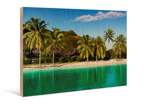 Tropical beach scene with palm trees and clear turquoise water printed on wood art panel