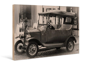 Vintage car sepia photo printed on wood, classic automobile wall art decor