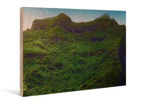 Direct print of green mountain landscape on wood wall art panel
