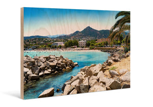 Direct print on wood of a coastal landscape with palm trees, rocks, turquoise water and mountains.