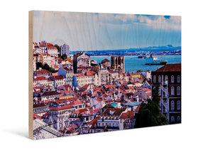 Direct print of colorful cityscape and ocean view on wood photo panel