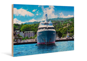 Direct print of luxury yacht docked at marina on wood panel, vibrant coastal scene
