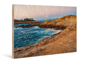 Direct print on wood featuring a coastal landscape with rocky shore and ocean waves.