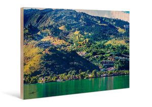 Direct print on wood featuring a vibrant mountain landscape with lake and trees