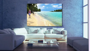 Modern living room with white sectional sofa and large beach wall art above