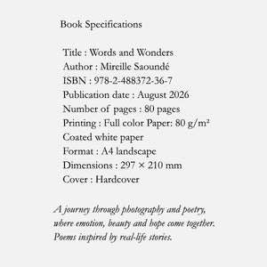 Words and Wonders - Photography and poetry book, specifications