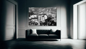Modern living room with black sofa, large black and white cityscape wall art, elegant decor