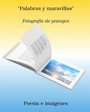 Open poetry and landscape photography book with Spanish text, featuring sunset sky photo.