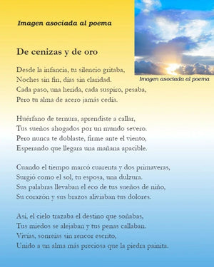 Spanish poem on yellow to blue gradient background with sunrise and clouds image in corner