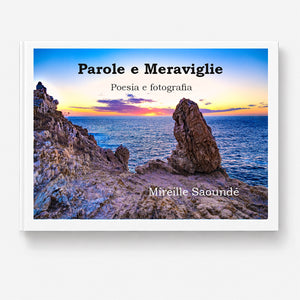 Italian poetry and photography book cover with tropical beach landscape, palm trees, and turquoise sea.