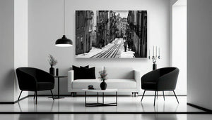 Modern living room with black and white city street photo wall art, minimalist decor
