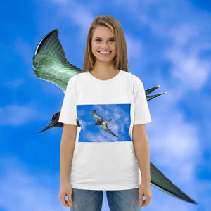 Smiling woman in white t-shirt with bird in flight art, blue sky background, modern decor