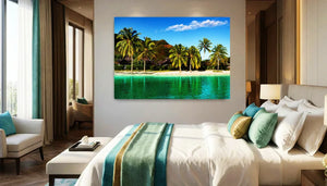 Modern bedroom interior with tropical beach wall art, teal accents, and large windows