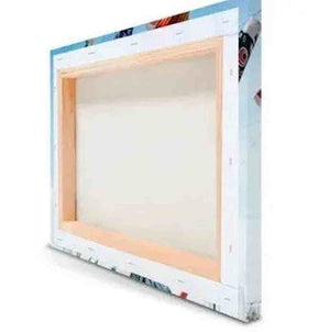 Back view of a stretched canvas wall art print with wooden frame and clean edges