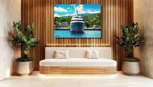 Modern lobby with wooden walls, white sofa, large potted plants, and yacht artwork on display.