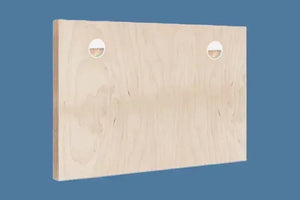 Light wooden photo mounting board with two keyhole slots on a blue background