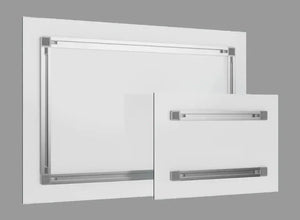 Two white plexiglass photo frames with metallic edges on a gray background