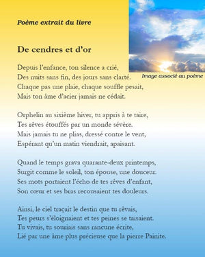French poem excerpt on yellow-blue gradient background with a small image of a sunrise sky.