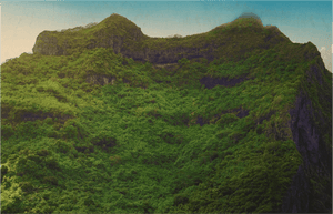 Lush green mountain landscape under blue sky with dense forest and rocky cliffs