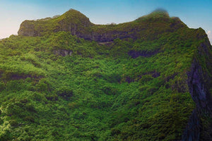 Lush green mountain landscape under blue sky, dense forest covering steep rocky slopes