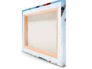Rear view of a stretched canvas art print with wooden frame edges visible