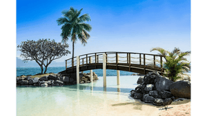 Wooden footbridge over tropical lagoon with palm trees and clear blue sky