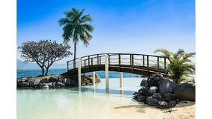 Tropical wooden bridge over clear blue water with palm trees and rocks, beach landscape