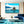 Modern living room with blue velvet sofa, armchairs, marble coffee table, and ocean landscape wall art.