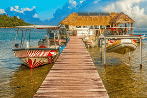 Colorful boats docked along a wooden pier leading to a thatched hut over clear water