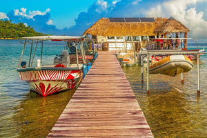Colorful boats docked at a wooden pier leading to a thatched-roof building over tropical water