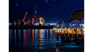 Night view of illuminated port with cranes, starry sky, and lively waterfront dining terrace over water.