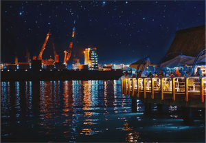 Nighttime harbor with illuminated dockside restaurant, cranes, and water reflections under stars