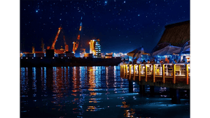 Nighttime harbor scene with illuminated dockside restaurant, cranes, and starry sky reflection on water