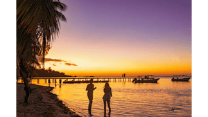 people on tropical beach at sunset with palm trees, boats, and wooden pier reflected on calm ocean