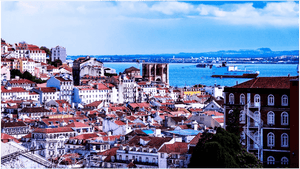Panoramic view of city with red rooftops by a river and distant ship under blue sky